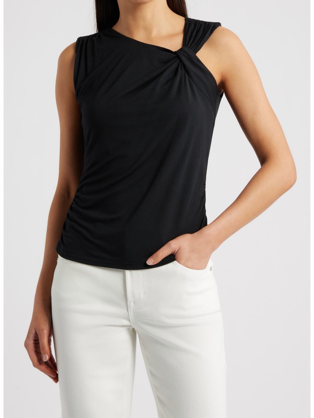 City Blues Asymmetric Neck Sleeveless Top Black Modal Stretch NWT Size L